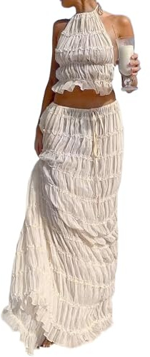 NIUVOO Ensemble 2 pièces maxi jupe dos nu en dentelle pour femme - Haut court dos nu et jupe longue - Robe de cocktail de plage