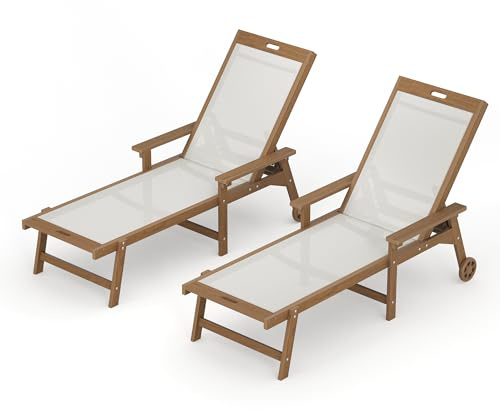 LUE BONA Chaise Lounge Chair Outdoor Set of 2, HDPS and HDPE Wicker Chaise Lounger with 5 Positions, Pool Lounge Chairs with Wheels and Adjustable Backrest for Patio, Poolside, Deck, Backyard