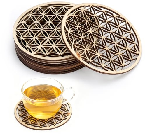 Fiore della vita Sottobicchiere in legno set di 10 pezzi 10 x 10 cm per purificazione e meditazione, simboli spirituali in legno