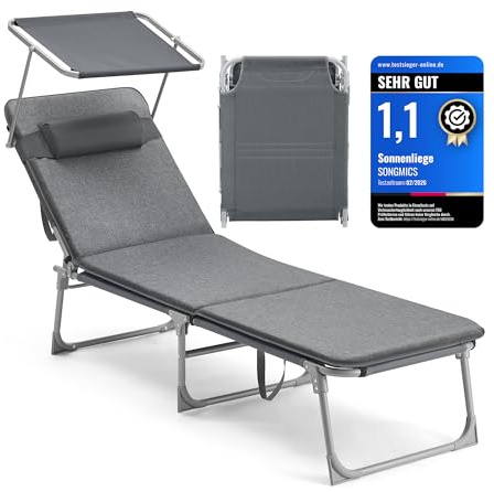 SONGMICS Sonnenliege, klappbarer Liegestuhl, 193 x 53 x 29 cm, trägt bis zu 150 kg, Kissen, Sonnenschutz, Kopfkissen, verstellbare Rückenlehne, für Garten, Pool, Terrasse, dunkelgrau GCB19UM
