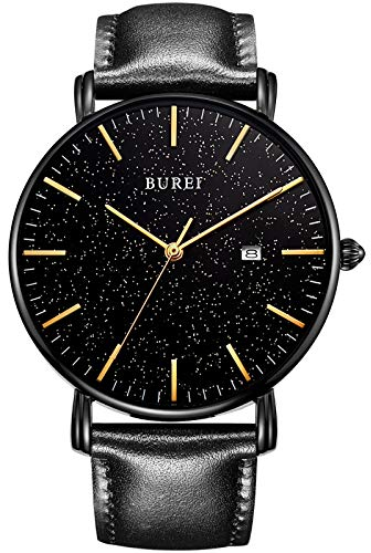 BUREI Herrenuhr, Minimalistisch Analog Quarz Uhr Wasserdicht Ultradünne Herrenuhr Lederarmbanduhr, Männergeschenk.