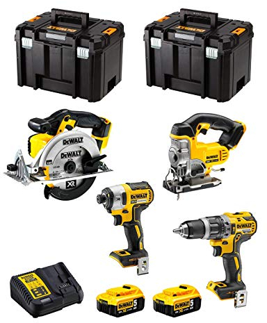 DeWALT Kit DWK402 (Trapano a Percussione DCD796 + Avvitatore ad Impulsi DCF887 + Seghetto Alternativo DCS331 + Sega Circolare DCS391 + 2 Batterie 5,0 Ah + Caricabatterie + 2 x TSTAK VI)