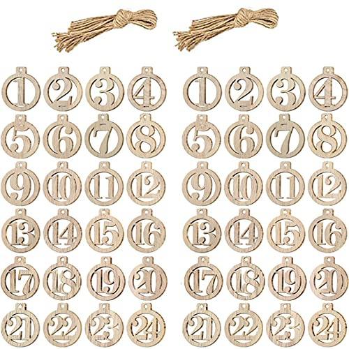 HERZWILD 48Pcs 1 to 24 Christmas Numbers Wooden Advent Calendar Countdown Advent Calendar Wooden DIY Crafts Gift Tags Christmas 24 Days Advent Calendar (Round-A)