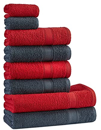 Tuiste Handtuch Set Grau Rot |%100 Baumwolle Frotee Handtücher Set 8 Teilig | 2X Badetücher Set, 4X Handtücher, 2X Gästetücher | Weich und Saugstark | Fabre: Grau - Rot