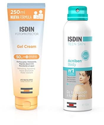 ISDIN Fotoprotector Gel Cream SPF 50, 250 ml Crema Solar Corporal refrescante e hidratante + ACNIBEN Body Spray De Secado Rápido - Reducción de Granos, 150 ml