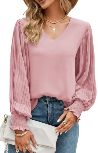 Odosalii Tops for Women, Summer Sexy V-Neck Long Sleeve Chiffon Shirts Business Casual Loose Plain Pink Teacher Blouses Shirts
