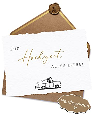 JoliCoon Hochzeitskarte Handgerissen - Zur Hochzeit alles Liebe - A6 mit Naturkuvert und Wachssiegel
