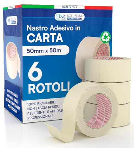 DNK TRADE 6x Cinta de Carrocero Para Pintar y Enmascarar 50mm x 50m - Removible Sin Residuos, Sin Disolventes - Cinta de Pintor Con Papel