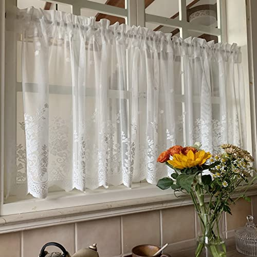 A.Monamour Tenda Corta per Finestra Piccola in Voile Trasparente Bianco con Ricamo Floreale Pizzo Tendina Tenda da Cucina Bistrot Caffè Mezza Tenda Mantovana Tenda a Vetro a Pannello Tenda Porta