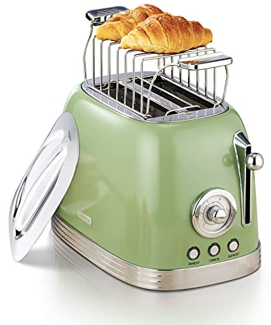 Wiltal Tostadora de 2 rebanadas, tostadora vintage, accesorio para tostadora con tapa de acero inoxidable, funciones de precalentar, descongelar y retirar, (verde)