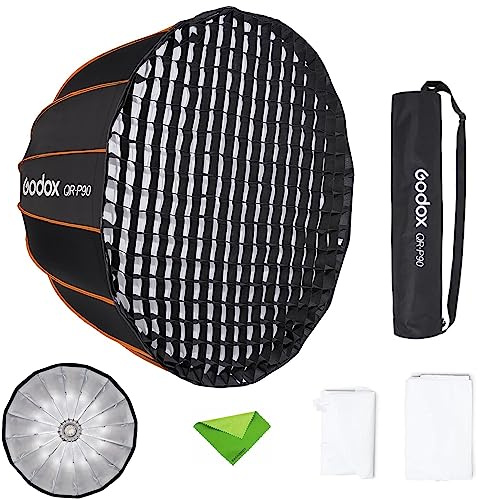 GODOX QR-P90 35.4 Inch/90CM Parabolic Softbox, Bowens Mount Soft Boxes, Quick Release Parabolic Softbox, with Front & Inner Diffuser for SL-60W AD600BM VL150 UL150 SL150II Amaran 100X 200D 200X w/Grid