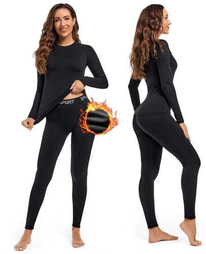Leeboom Thermounterwäsche Damen Atmungsaktiv Funktionsunterwäsche Warm und Flexibel Skiunterwäsche Set Mit Innenfleece für zu Hause und Wintersport (Schwarz, S)