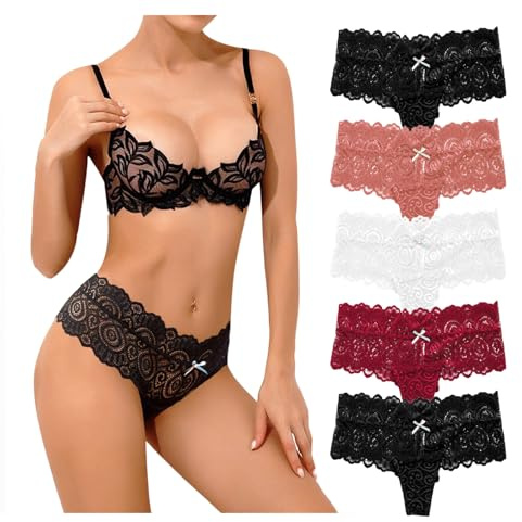 Zilams Mutande di Pizzo Vita Bassa Perizoma Donna Sexy Hot Morbide Traspirante Biancheria Intima Elasticizzate Slip Tanga (S, C-5Pcs)