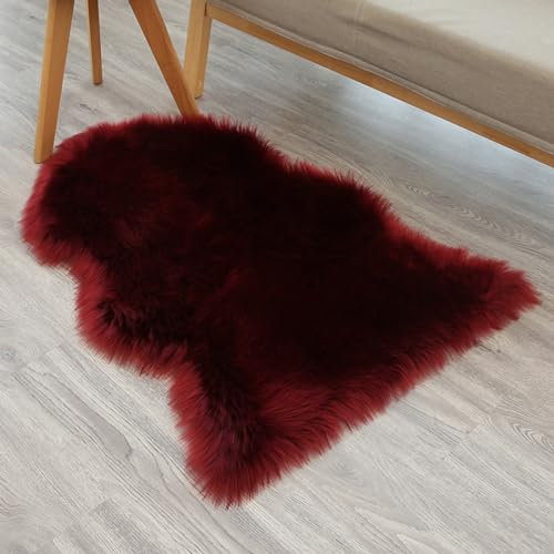 CHUYIX Plush Fluffy Rugs, Artificial Plush Rug, Artificial Wool, Soft Rug, Non-Slip Faux Fur Mat, Round Lambskin Fur Rug for Bedroom, Living Room, Red Wine, 60 x 90 cm