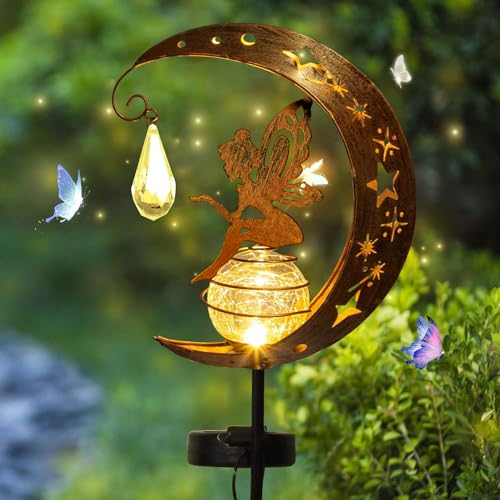 YeahBoom Lampada Solare da Giardino da Esterno Fata dei Fiori,Luci Decorative per Esterni con Sfera di Vetro a Led Luce,Lampada Solare Lunare,per Balcone,Prato,Patio o Cortile