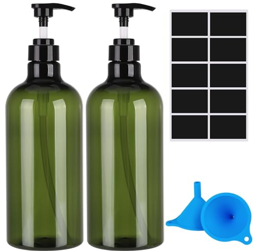 Pumpflaschen-Spender, 2 Stück 1000 ml nachfüllbare leere Flaschen, nachfüllbarer leerer Flaschenspender aus Kunststoff mit Trichter und Etikett für Lotionen, Shampoo, Conditioner, Grün