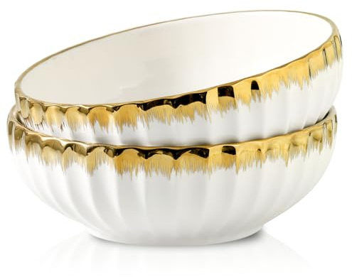 LETAOTAO Serving Bowls, 10 inch Extra Large Salad Bowl Set of 2, Ceramic Bowl with Gold Trim, Kitchen Decorative Bowls Porcelain Mixing Bowls for Salad, Soup, Pasta and Dinner