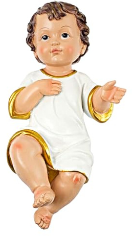Acan Tradineur - Figura del niño Jesus - Diseño con Toga Blanca con Bordes Dorados - Fabricado en Resina - Decoración navideña para pesebres - 14,5 cm
