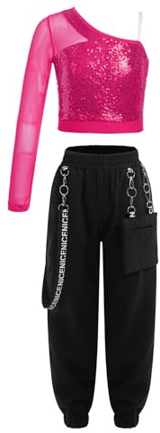 Xnihocha Conjuntos de disfraz para niñas Hip Hop Ropa de baile para niños con lentejuelas Camisetas de baile de manga larga con pantalones Traje de baile de fitness, Rosa intenso., 110-116
