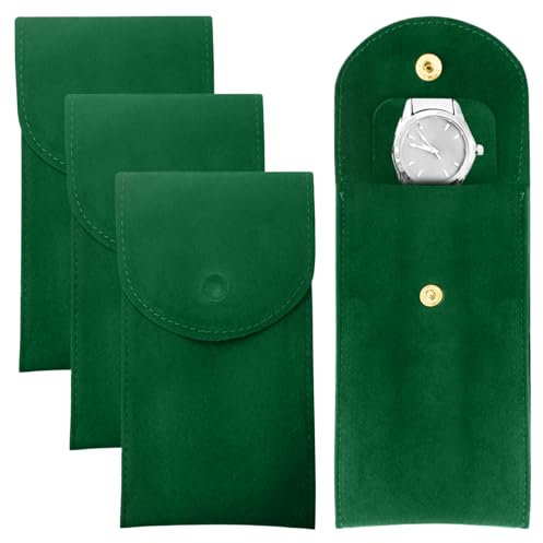 LOMSUXA 3 Pezzi Custodia per Orologio da Viaggio Portatile Orologio Sacchetto, Stoccaggio Orologio Borsa con Bottone A Pressione custodia resistente per Gioielli per viaggi all'aperto (Verde smeraldo)