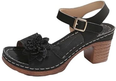 Dam blockerande mellanhöga klackar tjocka sandaler öppen tå kvinnors blomsandaler vintage romersk stil tofflor urholkade promenadtofflor med spänne rem sommar strandskor kust semester sandal, Svart