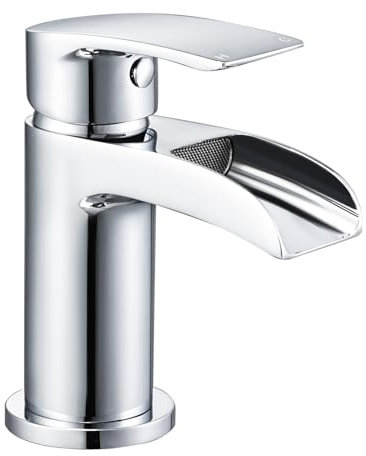 Peppermint Robinets d'évier de salle de bain avec bec cascade, robinet mitigeur moderne monobloc à levier unique pour vestiaire, laiton, chromé