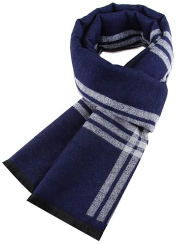 Enwokran Sciarpa da Uomo- Classica e Elegante Lunghe Invernali Calde e Leggere Scozzesi Uomo Regalo 185x33cm (Strisce bianco marina)