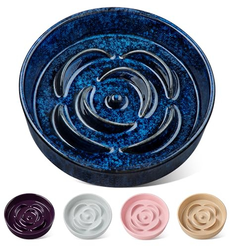 vancasso Flower Shaped Slow Feeder Dog Bowl 960ml Pet Bowl, Ceramic Puzzle Feeder for Small Dogs & Cats, Dishwasher & Microwave Safe, Ideal for Food and Water, Non-Slip & Tip-Proof; Blue; Medium