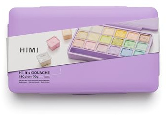 HIMI Jelly Cup Gouache Set 18 Paint Colours, Purple Case, Add Water to Reactivate, Smooth, Gift, Artist Art Supplies, Large Scale Art Work to Fine Details, Ready to use Rich Gouache Colors