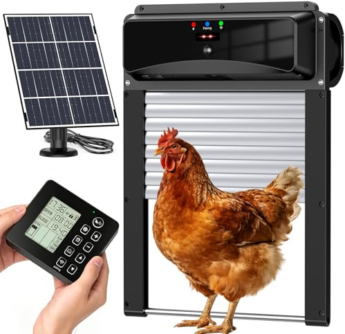 Puerta de gallinero automática con controlador externo, diseño enrollable con energía solar, impermeable y antipellizco, temporizador programable, para uso al aire libre