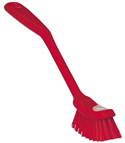 Vikan - Fine Dish Brush - Heavy-Duty, Narrow, Slip-Resistant Cleaning Brush, Polypropylene, Polyester Bristle, 11 Inch, Red, (42874)