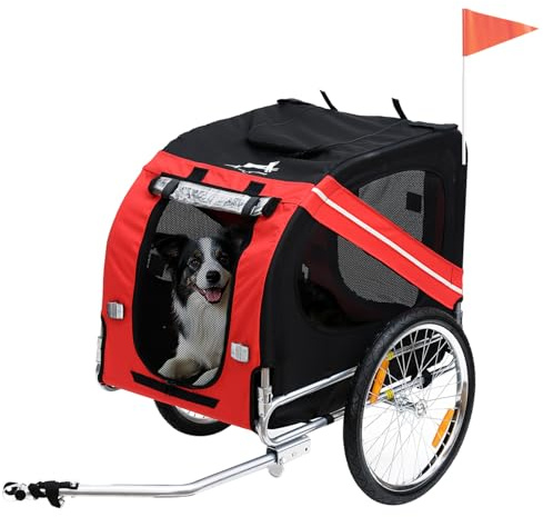 Aosom Dog Bike Trailer, Pet Wagon Bicycle Trailer with Easy Folding Cart Frame, 20 Large Rubber Wheels, 3 Entrances, Mesh Screen, Pet Bike Trailer for Off-Road & Travel, Red and Black