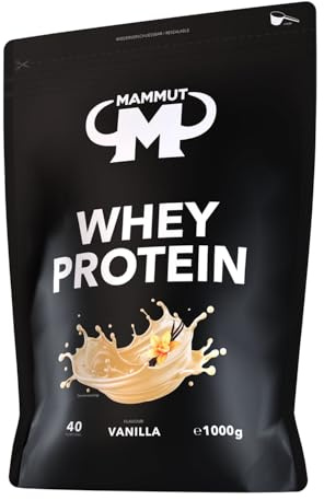 Mammut Nutrition Whey Protein Pulver Vanilla – 1kg – 27g Protein pro Portion – Eiweißpulver mit hohem BCAA-Anteil – Perfekte Löslichkeit in Wasser & Milch – Ideale Zwischenmahlzeit