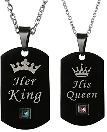Cupimatch Paare Halskette mit Gravur His Queen Her King für Sie und Ihn Pärchen Kette Verliebte Edelstahl Zirkonia Anhänger 45cm 55cm, Schwarz/Silber