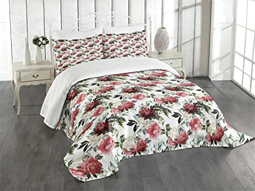 ABAKUHAUS Shabby Chic Tagesdecke Set, Blumen-Rosen-Knospen, Set mit Kissenbezügen Waschbar, für Einselbetten 170 x 220 cm, Olivengrün Kastanienbraun