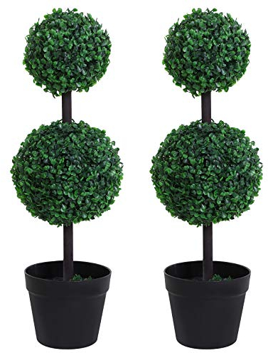 Outsunny Set of 2 Artificial Boxwood Ball Topiary Trees Potted Decorative Plant Indoor Décor (67cm)