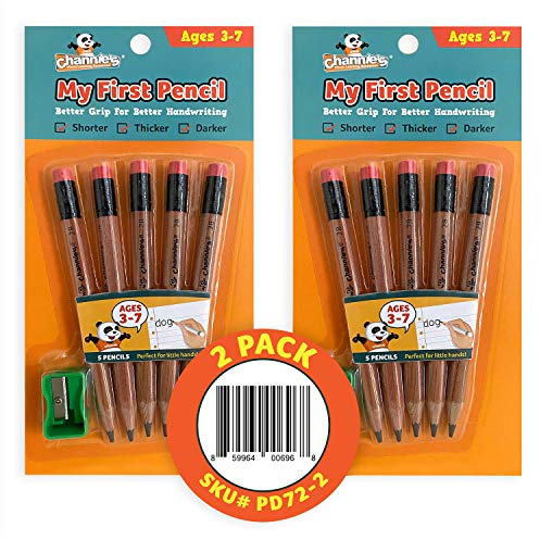 Channie's My First Pencil, Easy-to-Hold Jumbo Pencils for Preschoolers, Kindergarteners & 1st Graders, Brown Wooden 2B Fat Pencils for Kids Ages 3-7, 2 Pack (5 Each) + Sharpener
