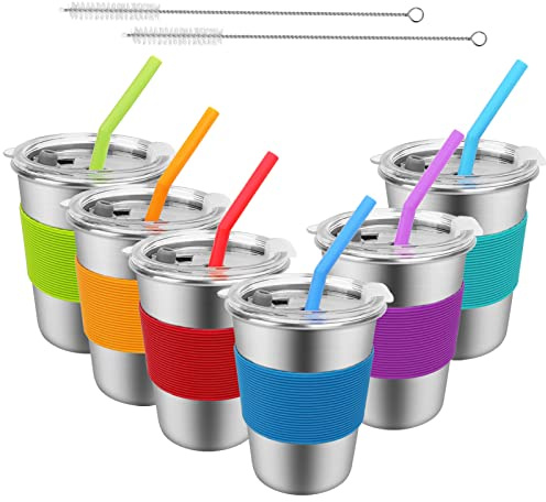 Kids Cups with Lids and Straws, 6 Pack 12oz Spill Proof Stainless Steel Toddler Sippy Cups, Unbreakable Water Tumbler Drinking Glasses for Kids, BPA-Free Reusable Metal Straw Mug for Children Adult