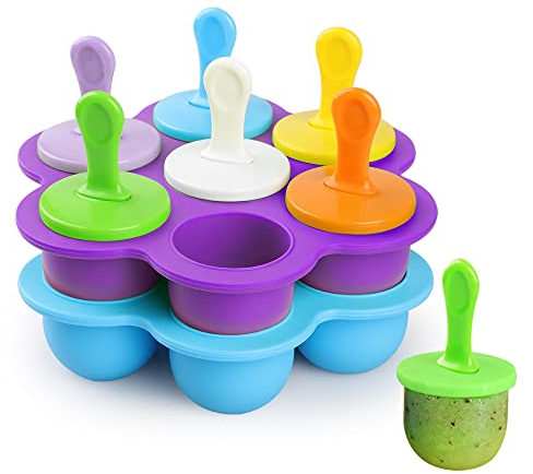 WD&CD 2 Pezzi Stampi per Gelato 7 Fori Cavità Formine in Silicone Riutilizzabili, Stampi Gelato Stecco per Congelare il Gelato al Cioccolato Fai da te, Bastoncini Colorati 18 Pezzi Inclusi(Blu+Viola)