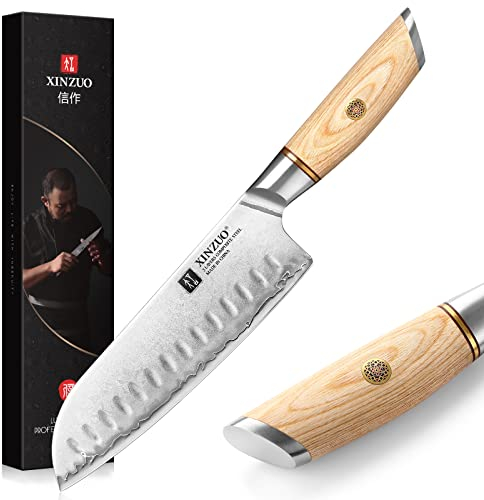 XINZUO Acciaio Inossidabile 18.2cm Coltello Santoku, 10Cr15CoMoV Acciaio Composito 3 Strati Cucina Professionale Coltello da Cuoco Chef, Coltello per verdure Affilata -Manico in Legno di Pakka
