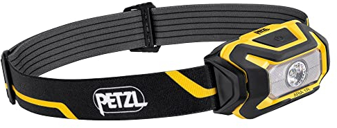 PETZL ARIA 1R, kompakte, langlebige, wasserdichte Stirnlampe mit wiederaufladbarem Akku, 450 Lumen, Schwarz/Gelb, Weiß