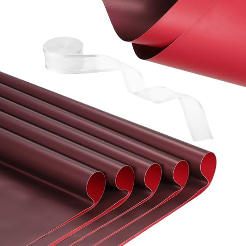 PATIKIL 20 Sheets Flower Wrapping Paper, Waterproof Flower Paper Wraps with Ribbon Floral Bouquet Supplies for DIY Crafts Packaging Bouquet, 22.8x22.8 Inch, Matte Red/Burgundy