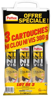 Pattex Ni Clou Ni Vis- Fix Extra Fort (lot de 3 cartouches de 380 g) – Colle de fixation à maintien immédiat pour usage intérieur – Blanc