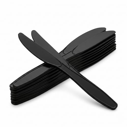 Venuscello® 300 x Tithe Black Plastic Knives Heavy Duty Reusable Strong Grip Lightweight Cutlery for Party BBQ Salad Fruits Snacks Picnic Catering Weddings & Events