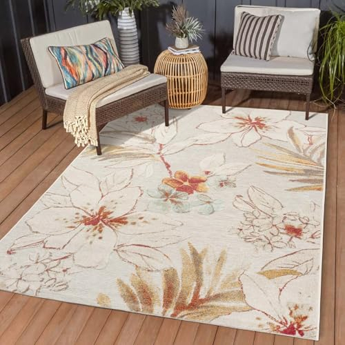 In & Outdoor Teppich Wetterfest Wohnzimmer Balkon Küchenteppich Terrassenteppich Flachgewebe mit Muster Lilien floral Creme grau 080x150 cm