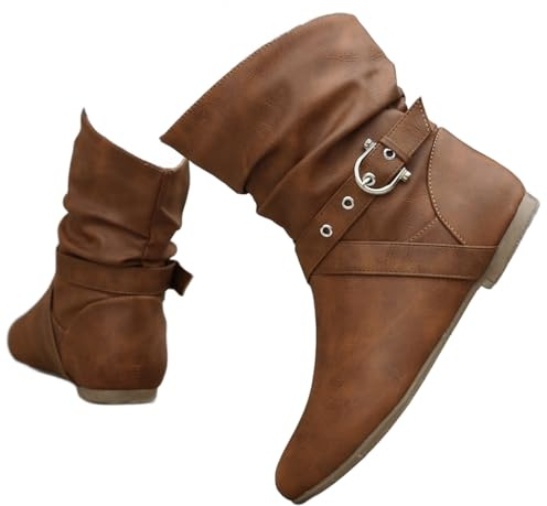 DINTAHA Flat Slouch Ankle Boots Fall Slouchy Boots Slip On Casual Short Boots,B-Brown,Size 9.5