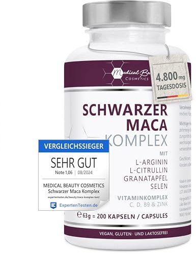 Maca Kapseln 4800mg je Tagesdosis - 200 Maca hochdosiert mit L-Arginin, Granatapfelextrakt, Vitamin C, D, Selen, Zink und Citrullin – veganer 20:1 Maca Extrakt schwarz ohne Zusätze