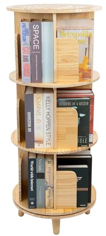 vinnyooc 3 Tier 360° Rotating Bookshelf, Floor Standing Bookcase, Wood Storage Shelves for Corridors Living Rooms Study Rooms Bedrooms