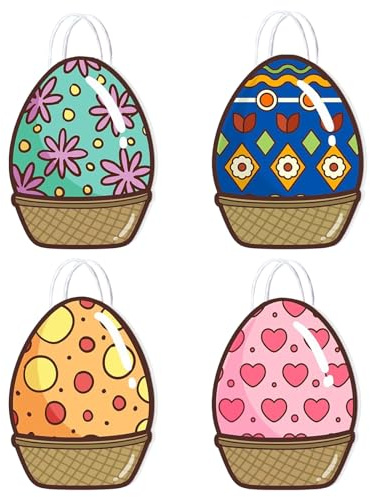 BOOSHMall 4 Pezzi Borsa Regalo di Pasqua, Sacchetto di Pasqua con Uova Motivo, Sacchetto di Pasqua per Regali con Manici, Unico Colorato Sacchetti Caramelle Sacchetti di Carta per Partito