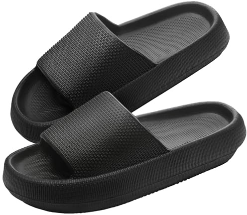 Badeschuhe Damen Herren Badelatschen Badeschlappen Wolke Schlappen Latschen Weich Hausschlappen Wolkenschuhe Rutschfeste Hausschuhe Cozislides Original hauslatschen Sommer Pantoletten Schwarz 44 45